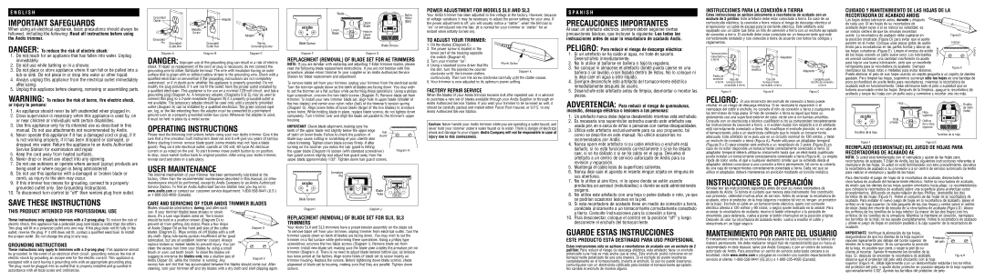 Andis Company AE Precauciones Importantes, Peligro, Operating Instructions, User Maintenance, Guarde Estas Instrucciones 