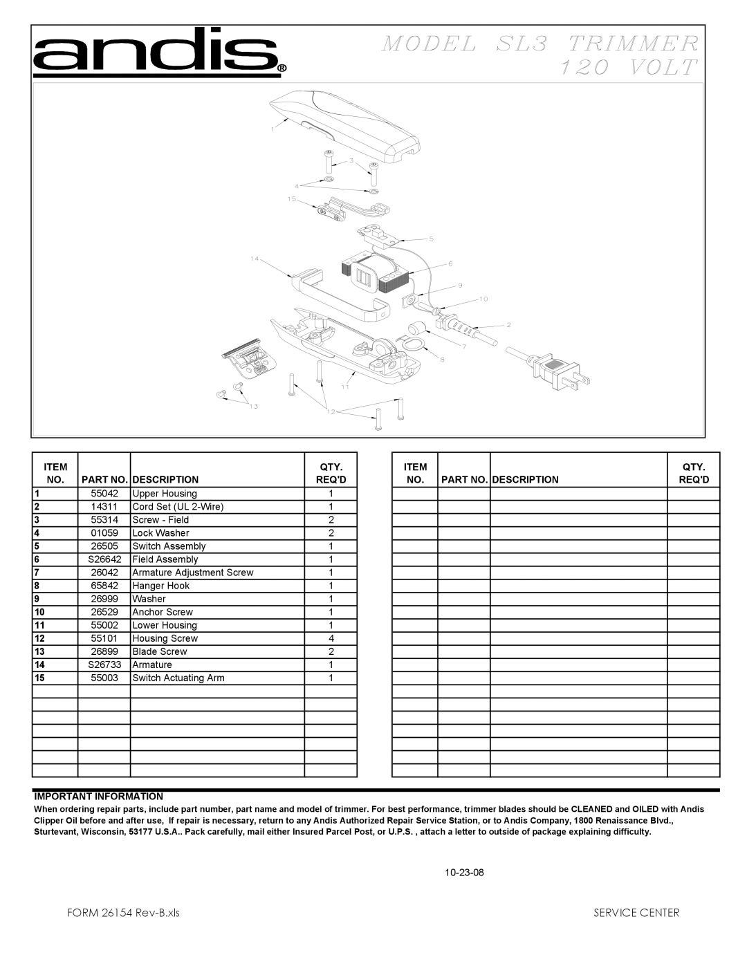 Andis Company SL3 manual QTY Description Reqd, Important Information QTY Reqd 