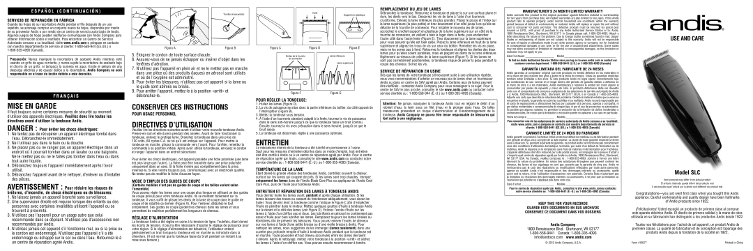 Andis Company SLC warranty Mise EN Garde, Conserver CES Instructions, Directives D’UTILISATION, Entretien 