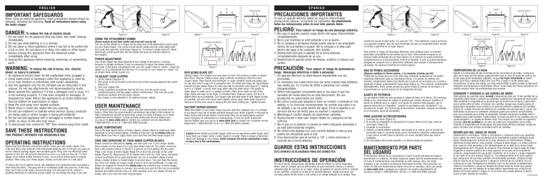 Andis Company SLC warranty Important Safeguards, Precauciones Importantes, Operating Instructions, User Maintenance 