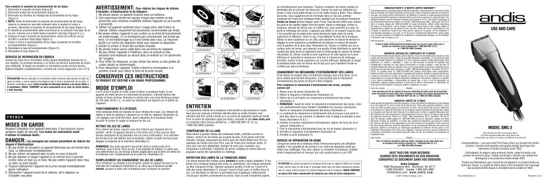 Andis Company SMC-2 warranty Mises EN Garde, Conserver CES Instructions, Mode Demploi, Entretien 