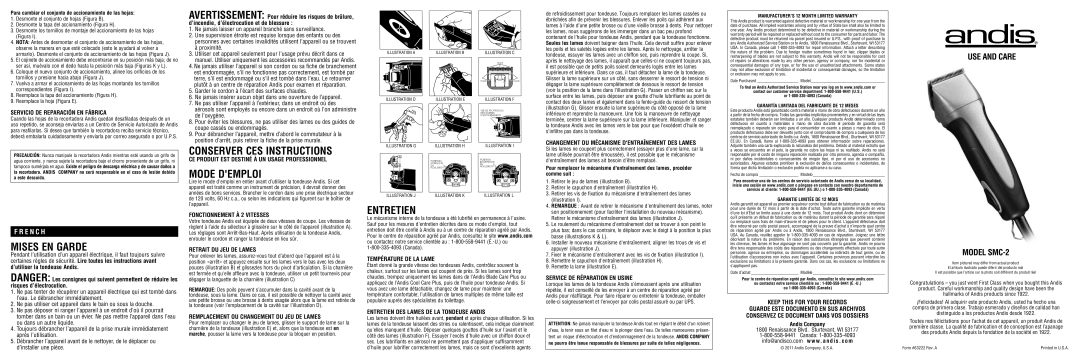 Andis Company SMC-2 warranty Mises En Garde, Conserver Ces Instructions, Mode Demploi, Entretien, F R E N C H 
