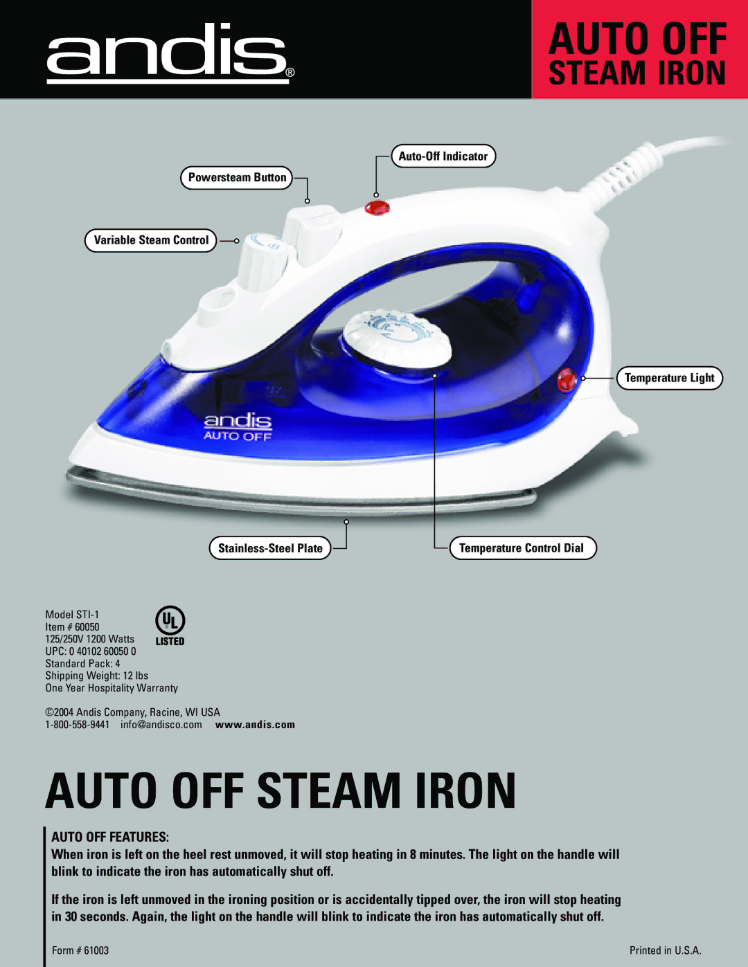 Andis Company STI-1 warranty Auto OFF Steam Iron, Auto OFF Features 