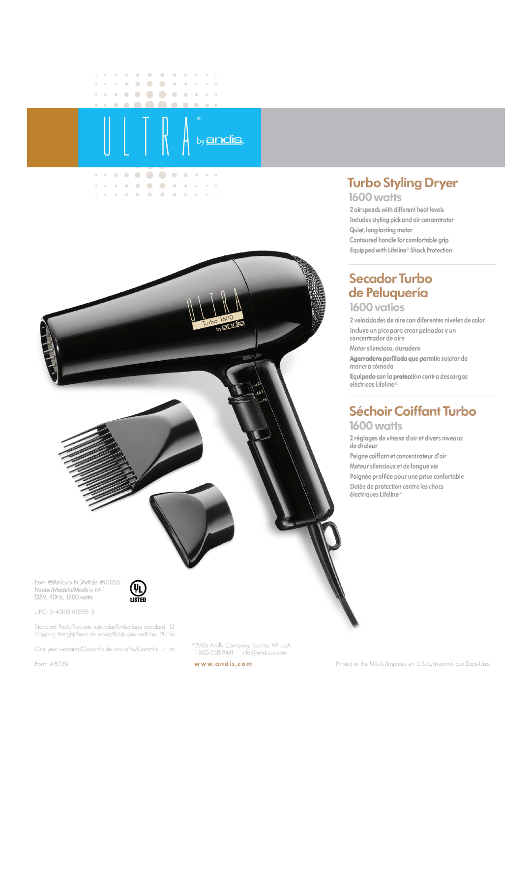 Andis Company Styling Hair Dryer warranty T R a by, Turbo Styling Dryer, Secador Turbo, Séchoir Coiffant Turbo 