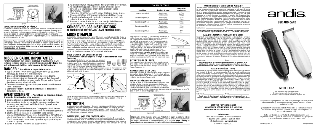 Andis Company TC-1 warranty Conserver CES Instructions, Mises EN Garde Importantes Mode D’EMPLOI, Entretien 