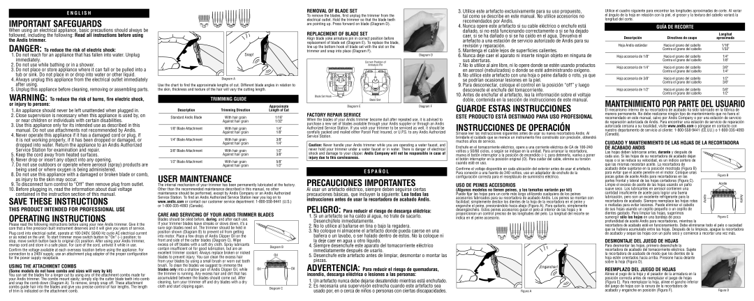 Andis Company TC-1 warranty important safeguards, save these instructions, User Maintenance, Precauciones Importantes 