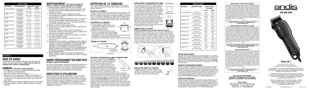 Andis Company US-1 warranty Mise EN Garde, Directives D’UTILISATION, Entretien DE LA Tondeuse 