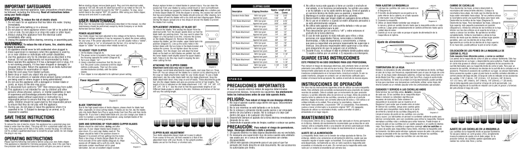 Andis Company US-1 Important Safeguards, Operating Instructions, User Maintenance, Precauciones Importantes, Mantenimiento 