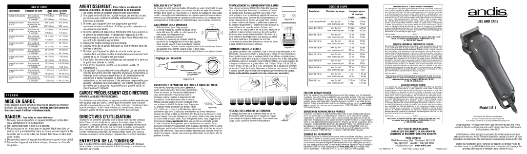 Andis Company US-1 warranty Mise EN Garde, Directives D’UTILISATION, Entretien DE LA Tondeuse 