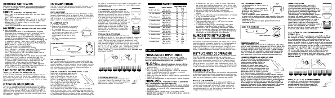 Andis Company US-1 Important Safeguards, Save These Instructions, Operating Instructions, User Maintenance, Mantenimiento 