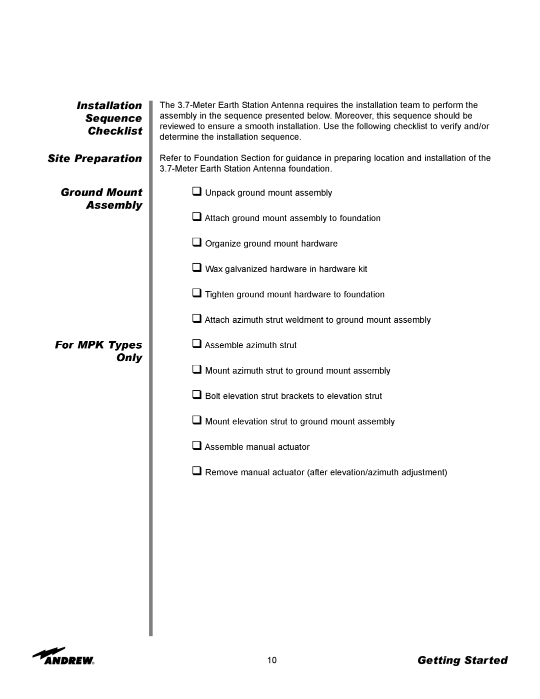 Andrew 3.7-Meter Earth Station Antenna manual Getting Started 