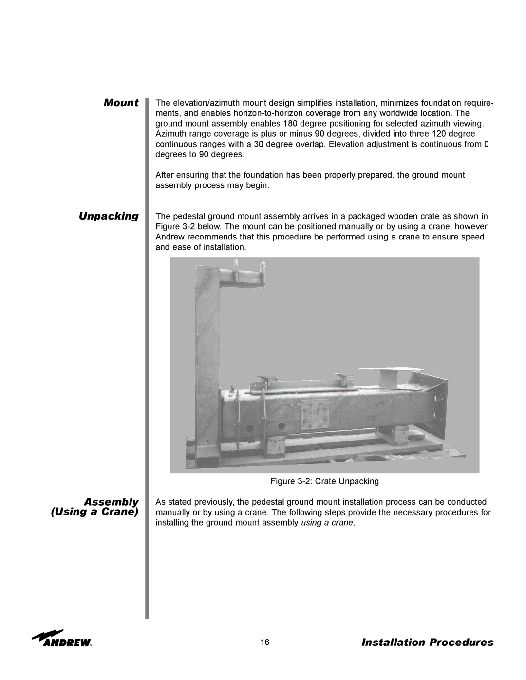 Andrew 3.7-Meter Earth Station Antenna manual Mount Unpacking Assembly Using a Crane 