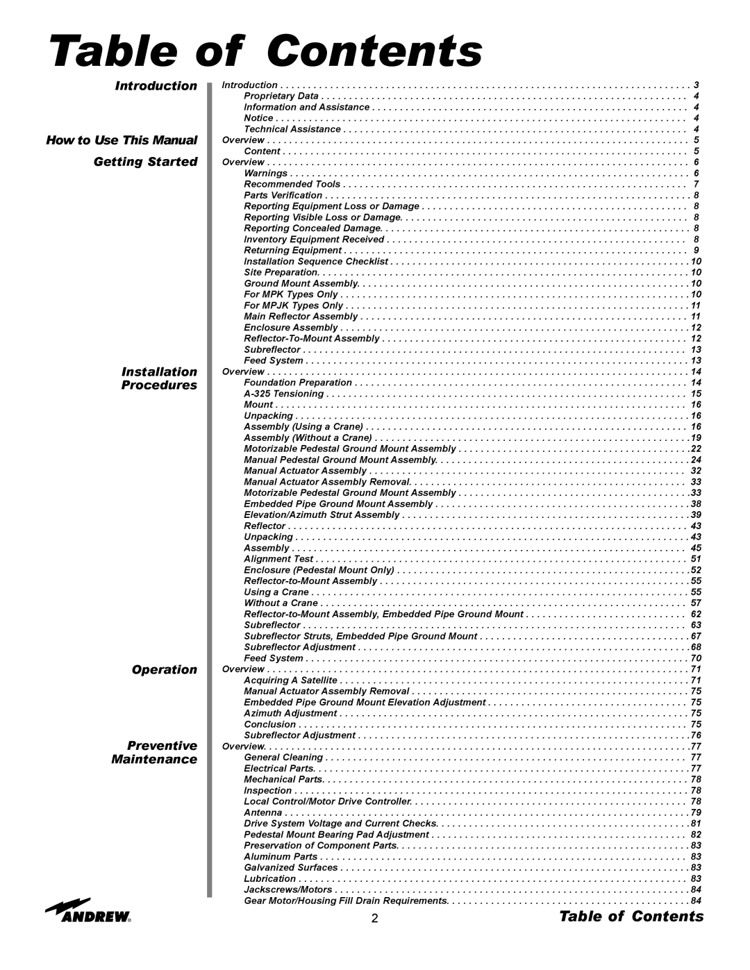 Andrew 3.7-Meter Earth Station Antenna manual Table of Contents 