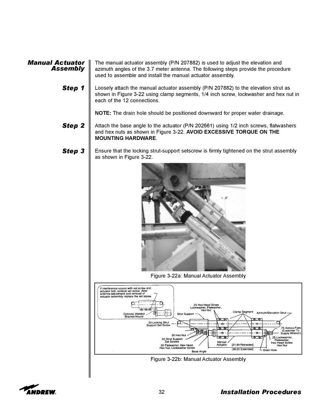 Andrew 3.7-Meter Earth Station Antenna manual Manual Actuator Assembly Step, 22a Manual Actuator Assembly 