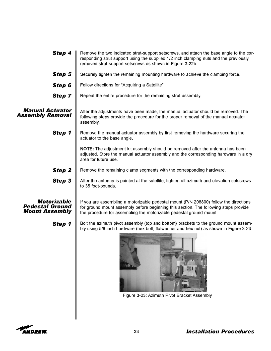 Andrew 3.7-Meter Earth Station Antenna manual Azimuth Pivot Bracket Assembly 