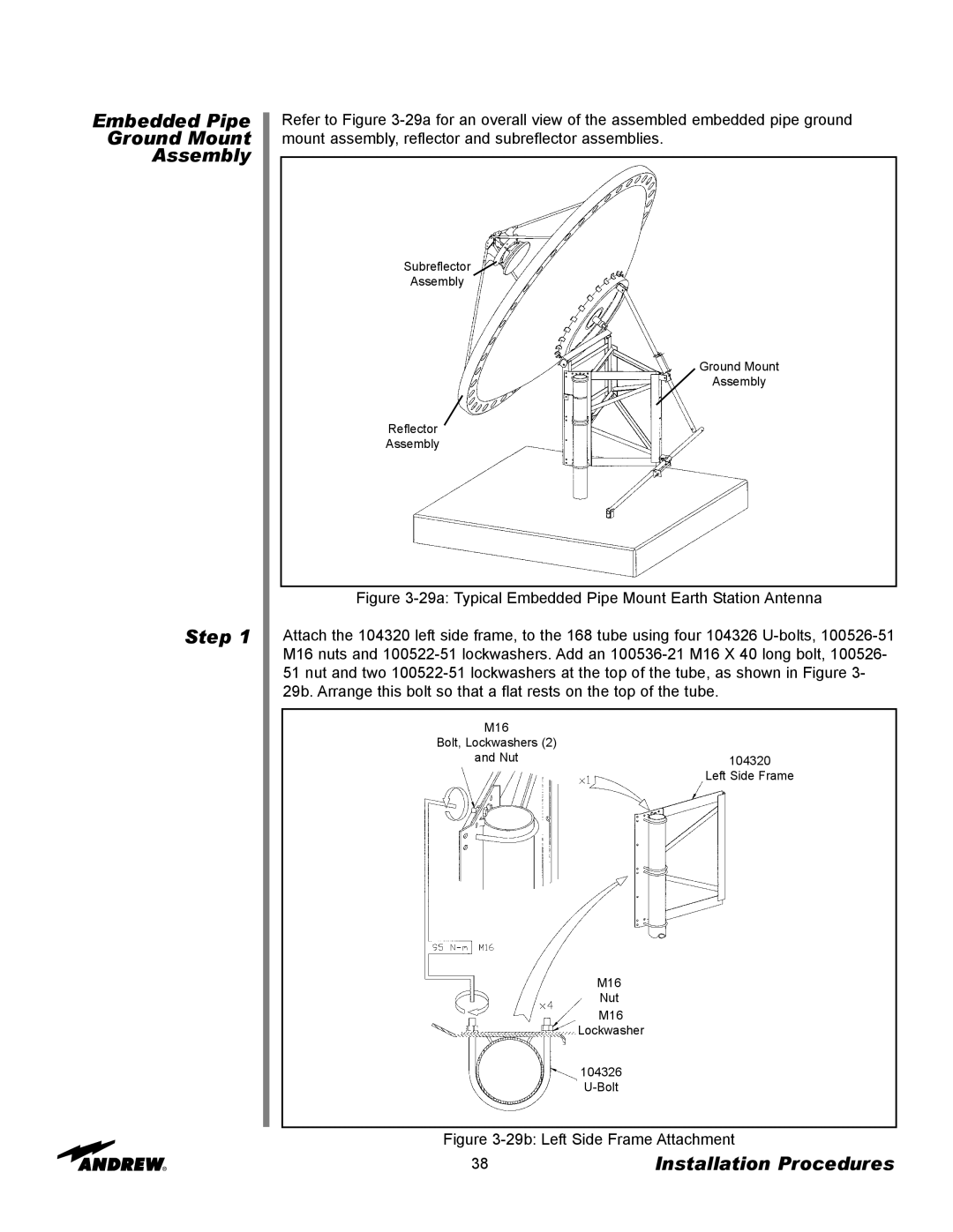 Andrew 3.7-Meter Earth Station Antenna manual Embedded Pipe Ground Mount Assembly Step, 29b Left Side Frame Attachment 