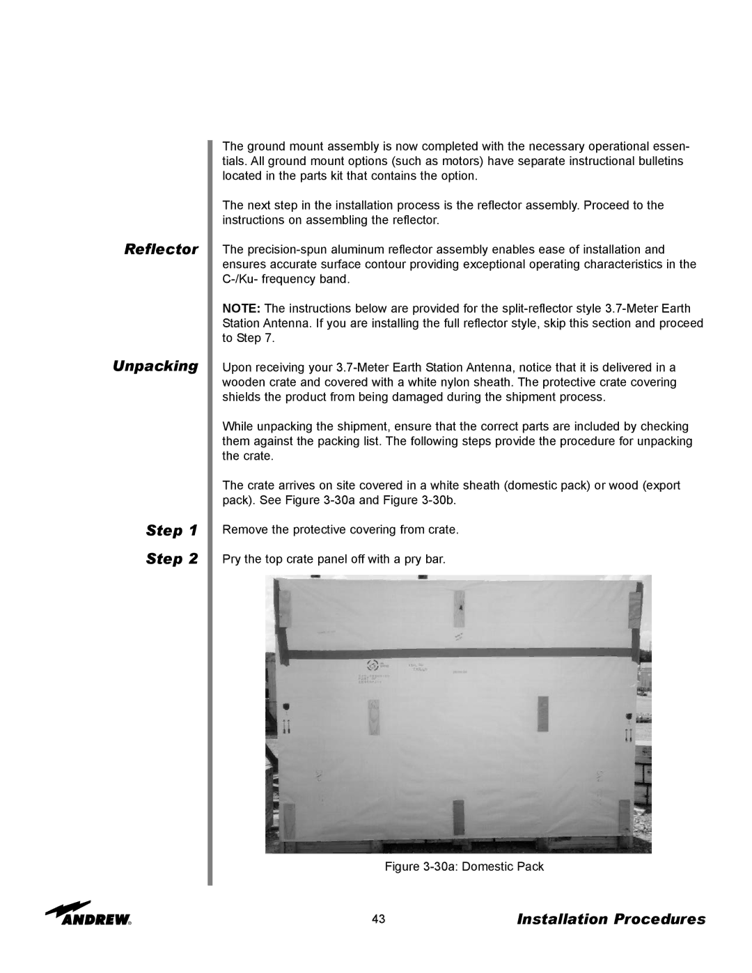 Andrew 3.7-Meter Earth Station Antenna manual Reflector Unpacking Step, 30a Domestic Pack 