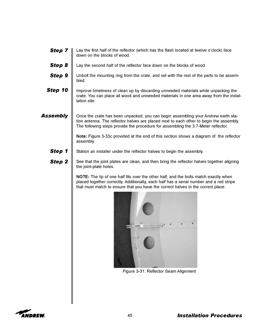 Andrew 3.7-Meter Earth Station Antenna manual Step Assembly, Reflector Seam Alignment 