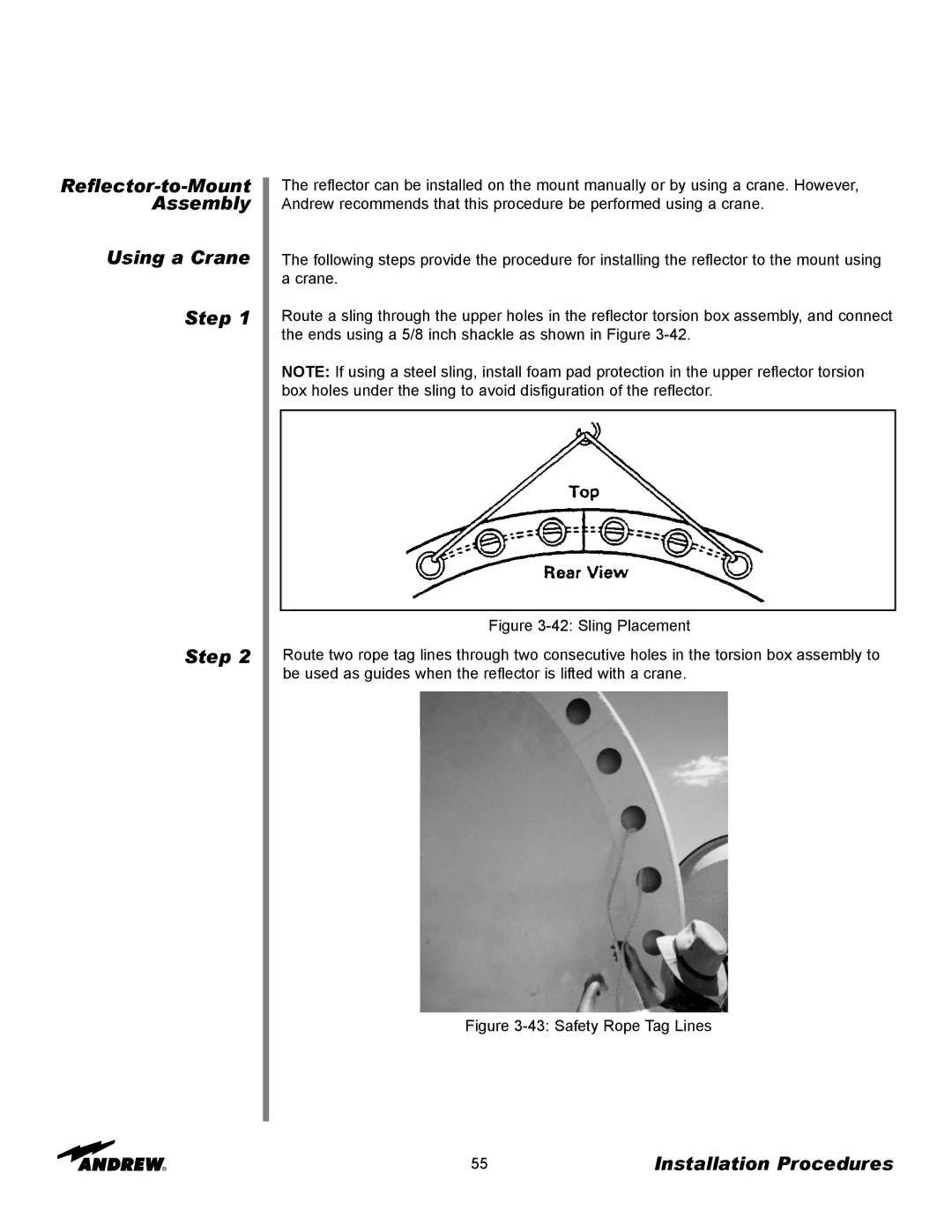 Andrew 3.7-Meter Earth Station Antenna manual Reflector-to-Mount Assembly Using a Crane Step, Safety Rope Tag Lines 