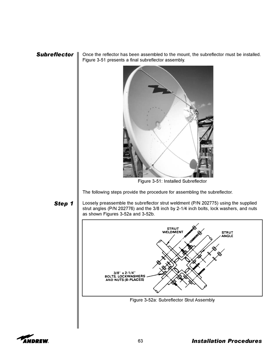 Andrew 3.7-Meter Earth Station Antenna manual Subreflector Step, 52a Subreflector Strut Assembly 