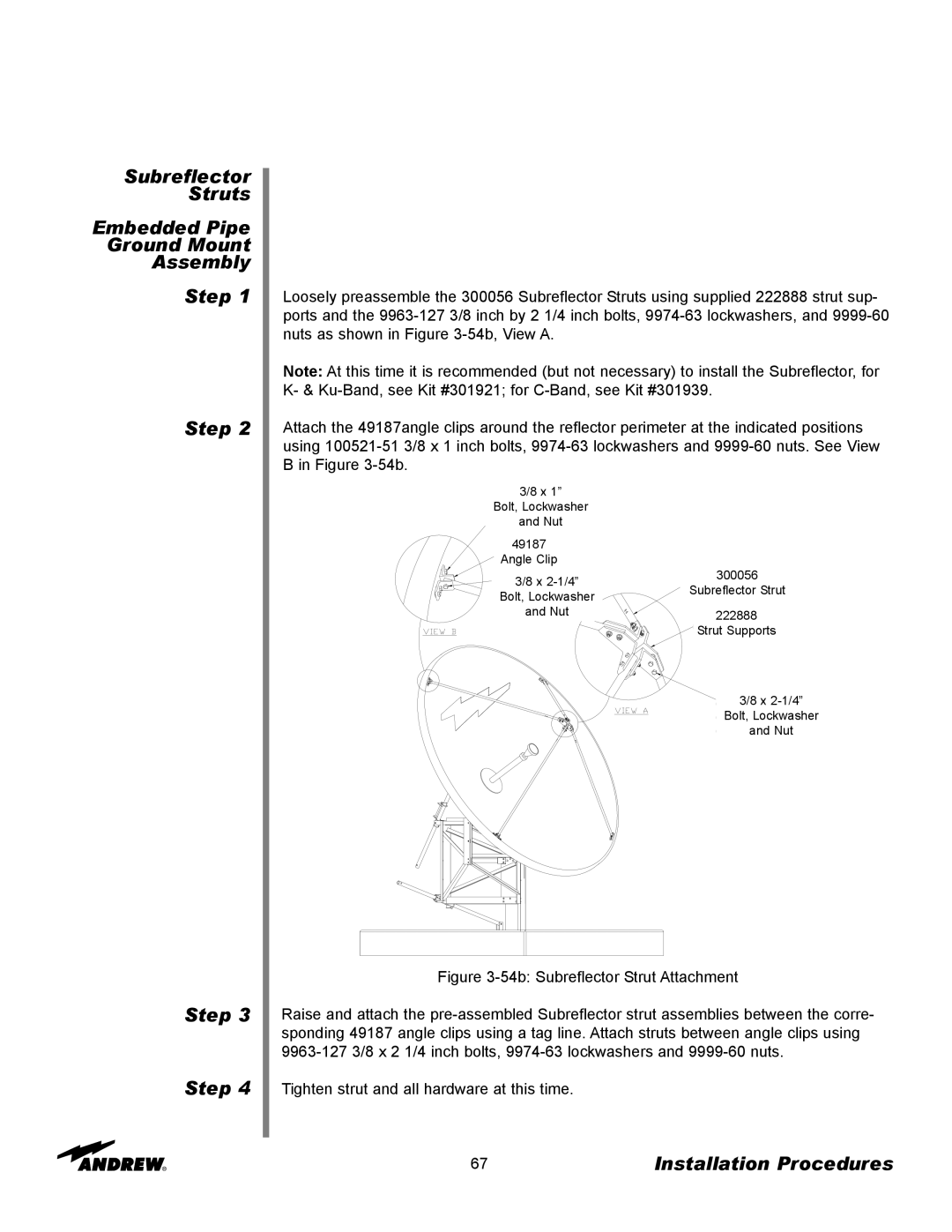 Andrew 3.7-Meter Earth Station Antenna manual Subreflector Struts Embedded Pipe Ground Mount Assembly Step 