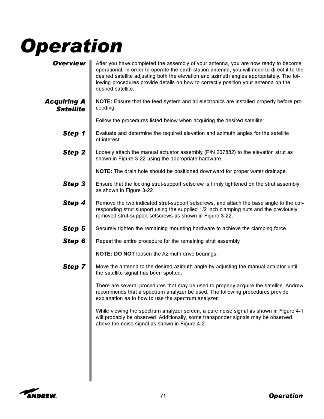 Andrew 3.7-Meter Earth Station Antenna manual Overview Acquiring a Satellite Step, Operation 