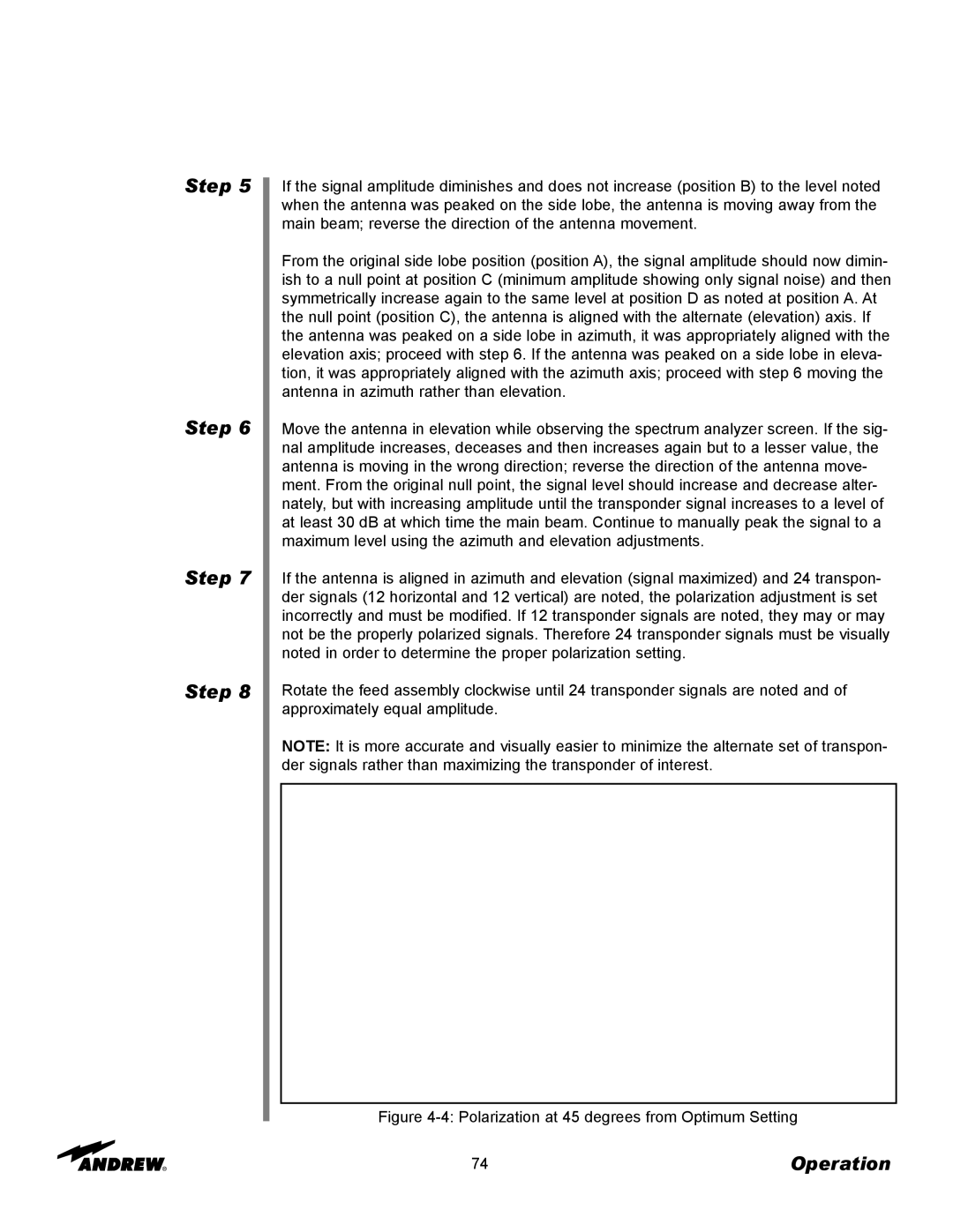 Andrew 3.7-Meter Earth Station Antenna manual Polarization at 45 degrees from Optimum Setting 