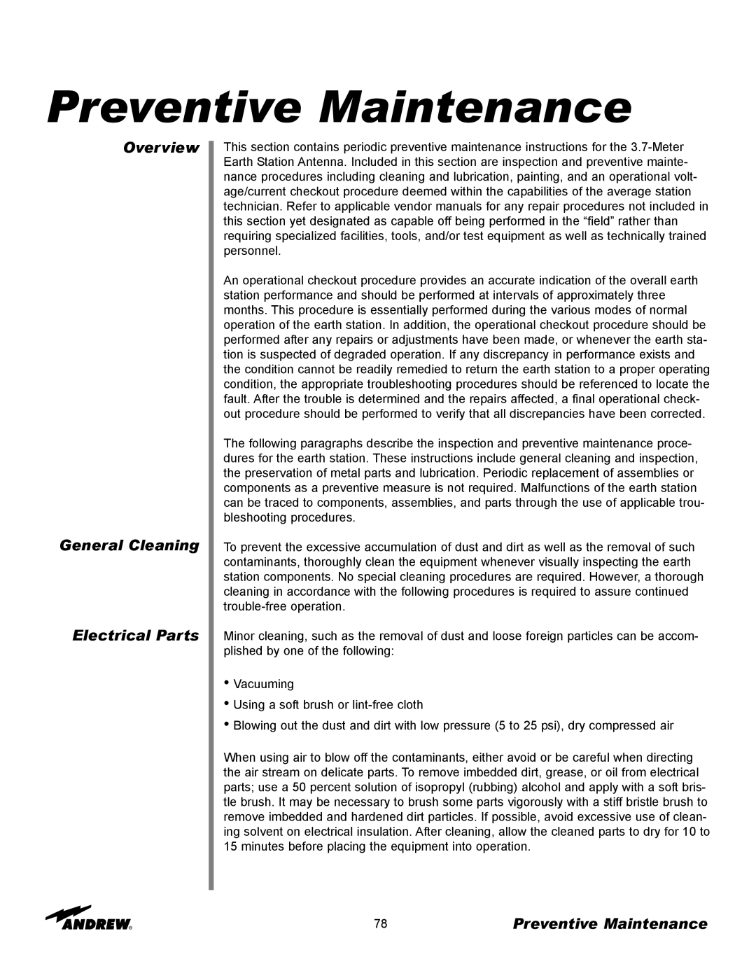 Andrew 3.7-Meter Earth Station Antenna manual Preventive Maintenance, Overview General Cleaning Electrical Parts 