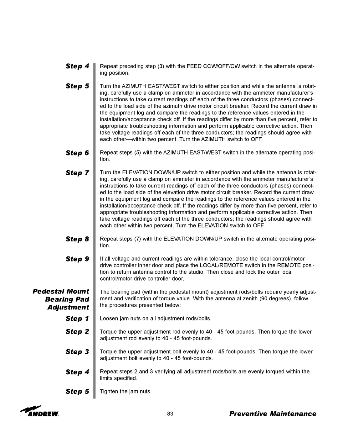 Andrew 3.7-Meter Earth Station Antenna manual Step Pedestal Mount Bearing Pad Adjustment 