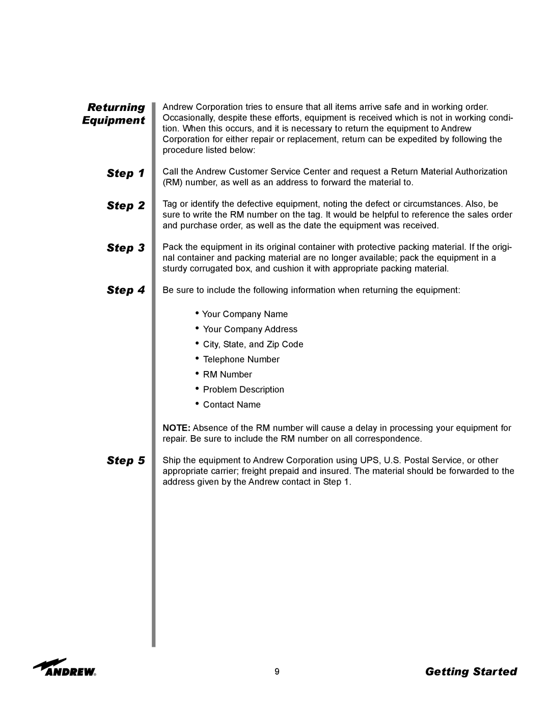 Andrew 3.7-Meter Earth Station Antenna manual Returning Equipment Step 