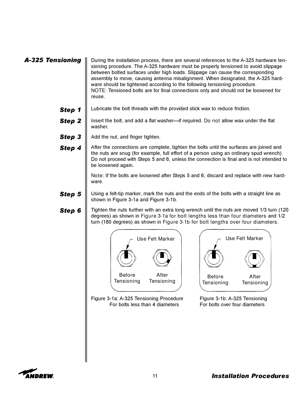 Andrew 5.6-Meter ESA manual Tensioning Step, 1b A-325 Tensioning For bolts over four diameters 