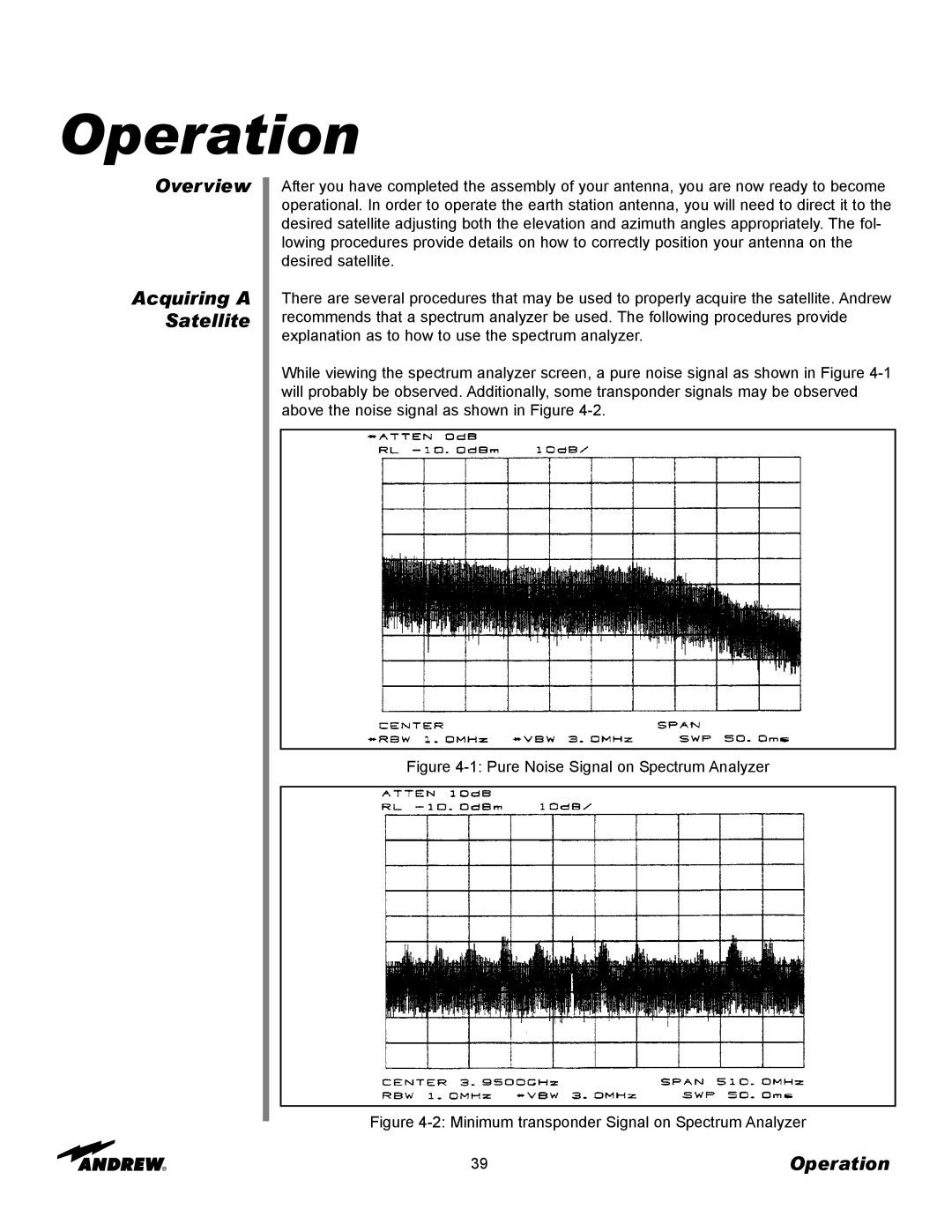 Andrew 5.6-Meter ESA manual Overview Acquiring a Satellite, Operation 