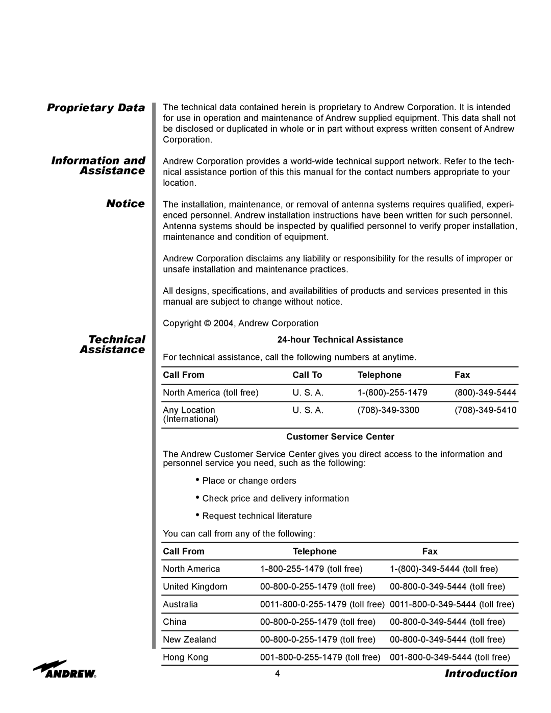 Andrew 5.6-Meter ESA manual Proprietary Data Information and Assistance Technical, Customer Service Center 