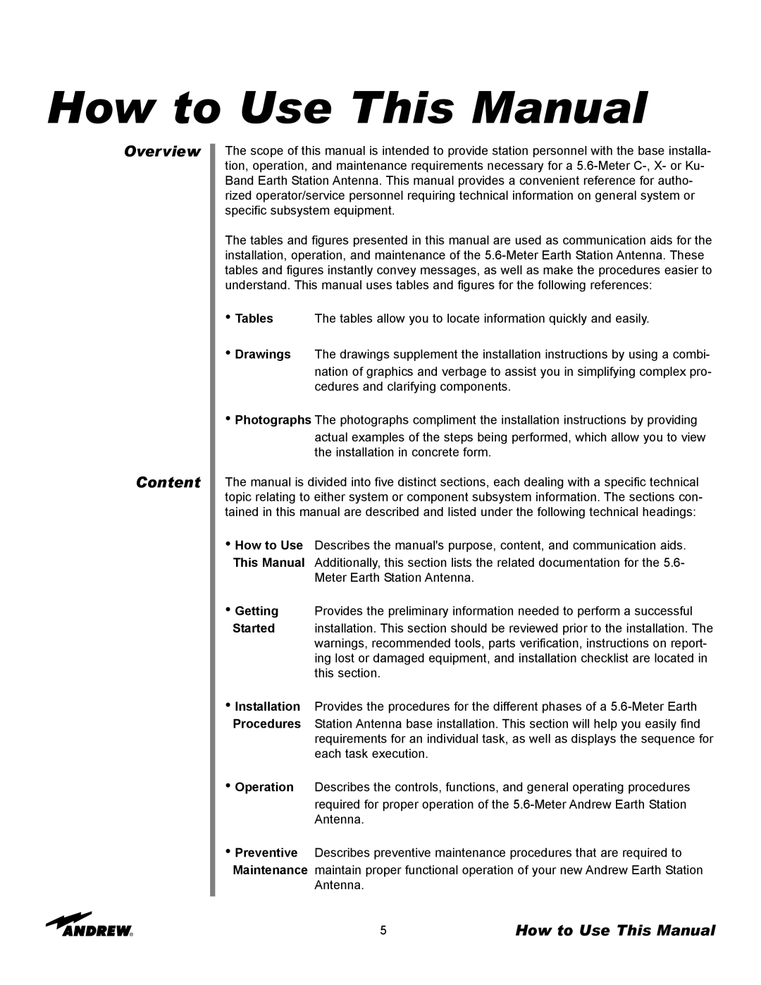 Andrew 5.6-Meter ESA manual Overview Content, How to Use This Manual 