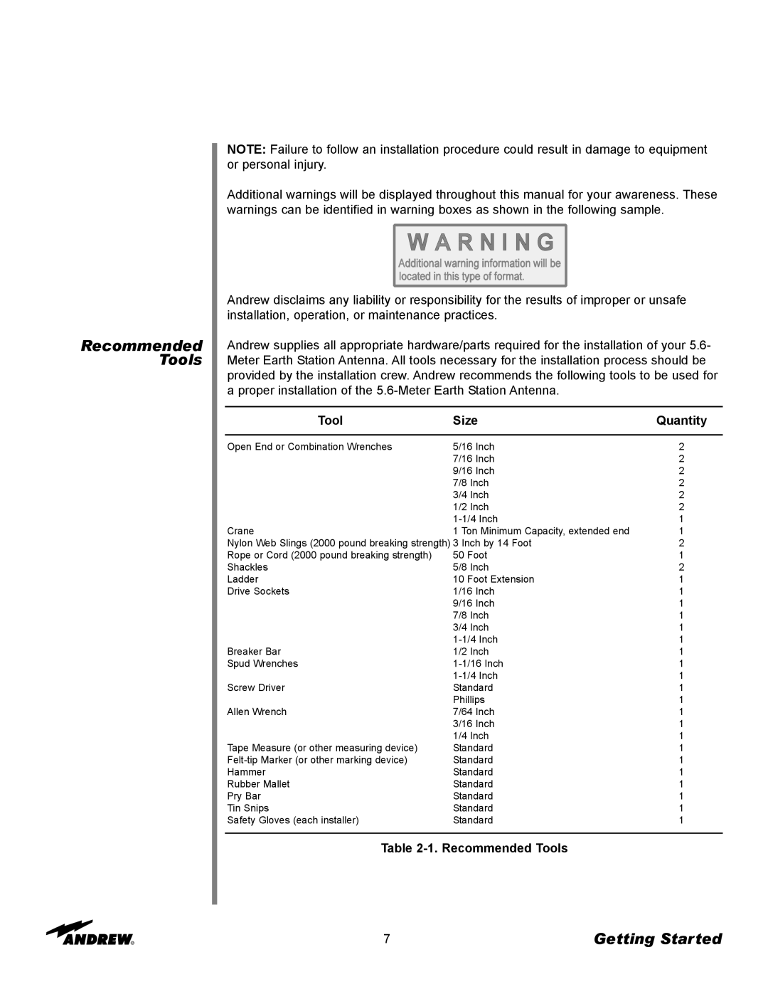 Andrew 5.6-Meter ESA manual Recommended Tools, Tool Size Quantity 