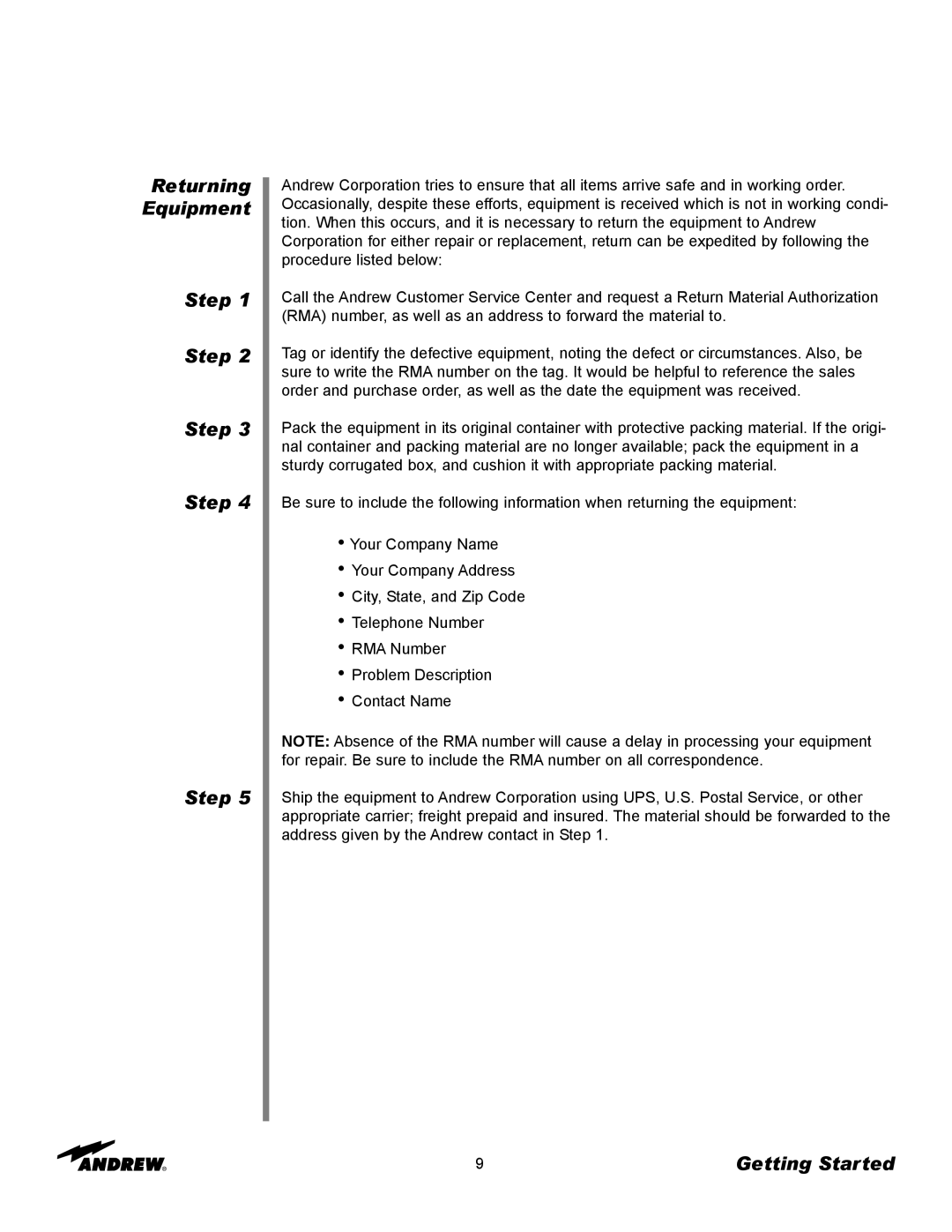 Andrew 5.6-Meter ESA manual Returning Equipment Step 