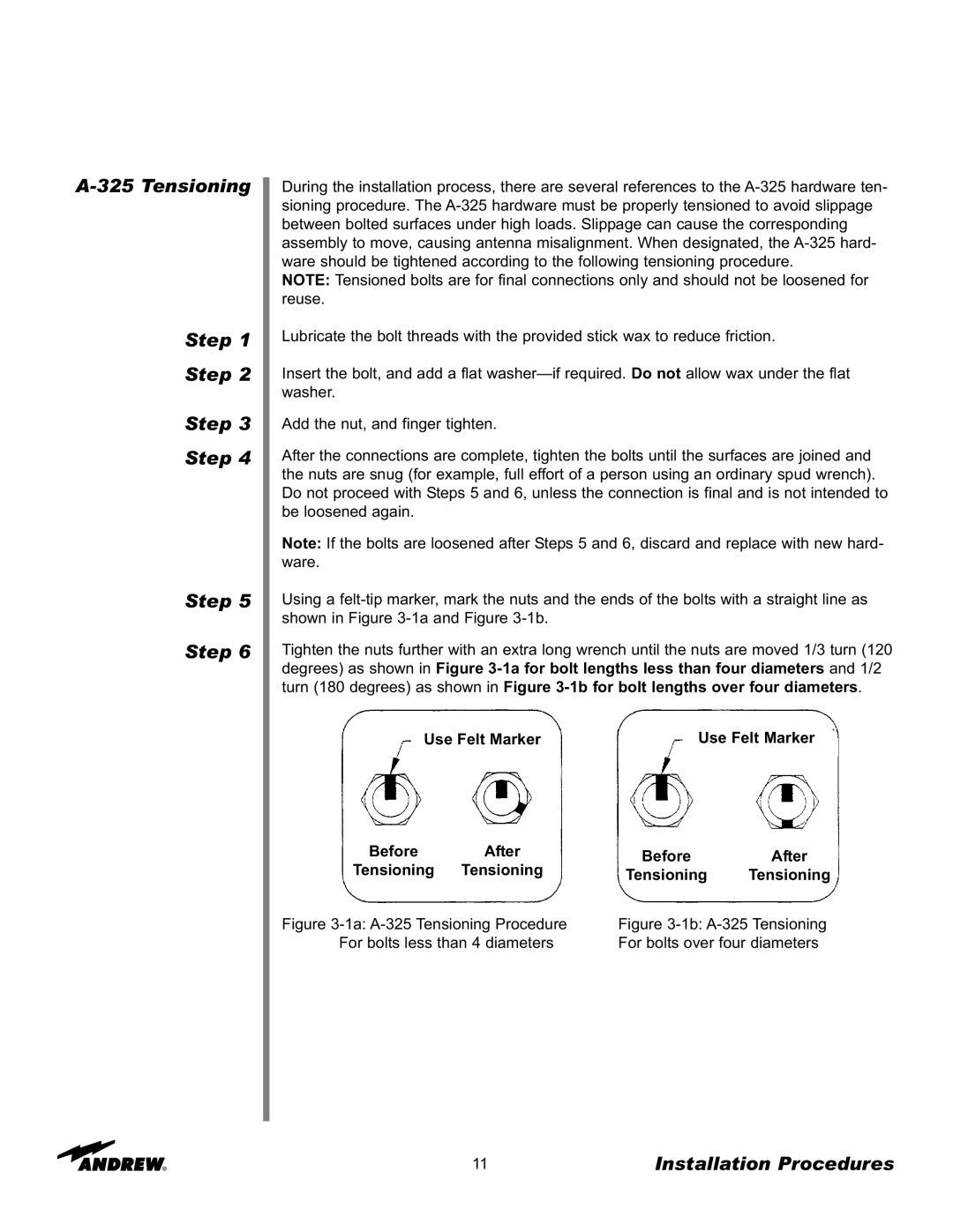 Andrew 7.6-Meter ESA manual Tensioning Step, 1b A-325 Tensioning For bolts over four diameters 