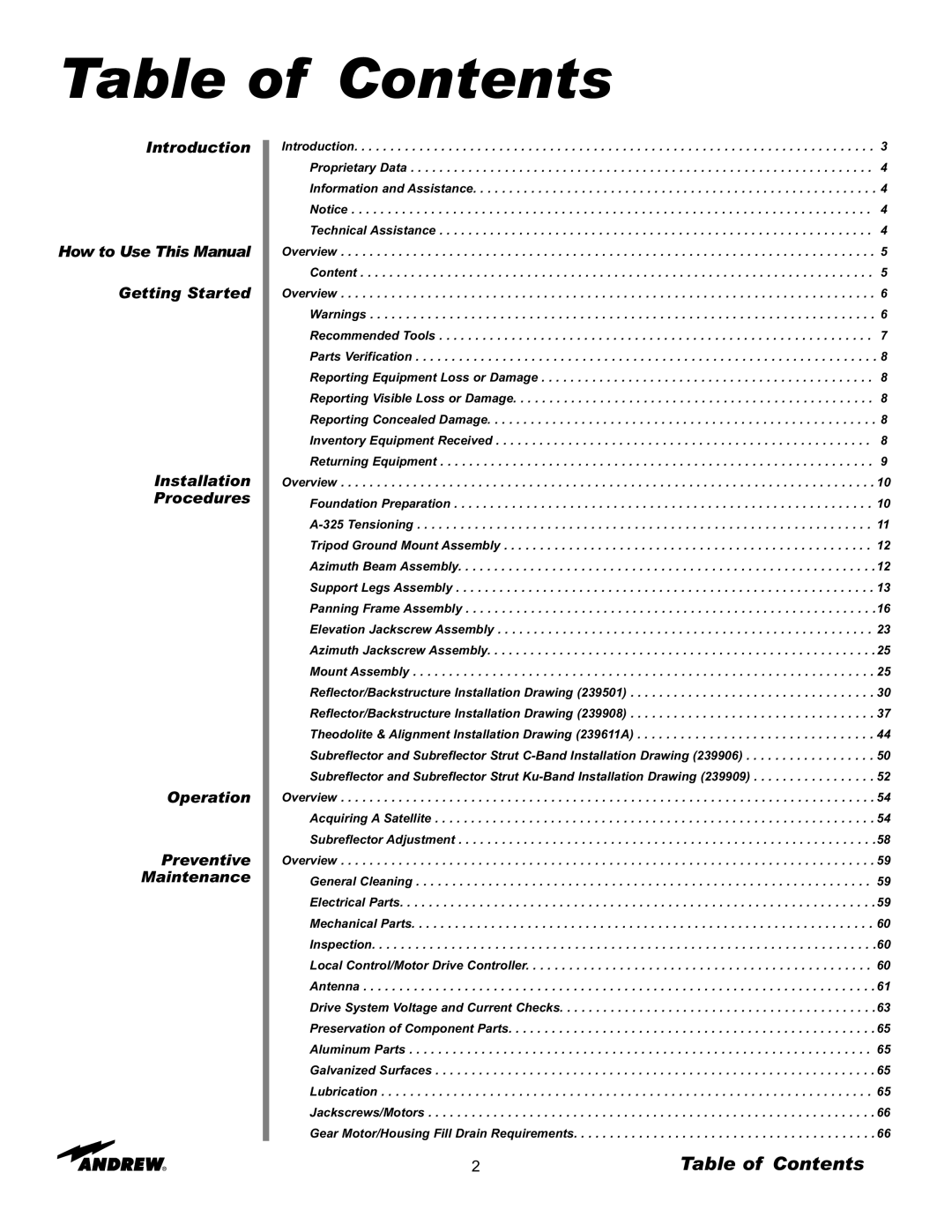 Andrew 7.6-Meter ESA manual Table of Contents 