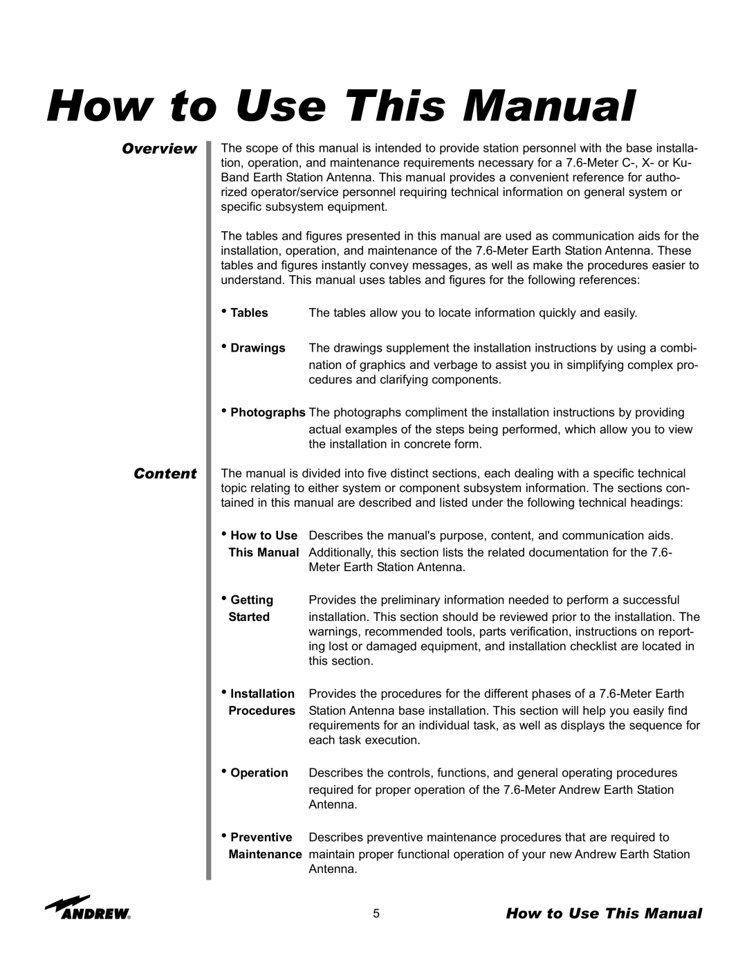 Andrew 7.6-Meter ESA manual Overview Content, How to Use This Manual 