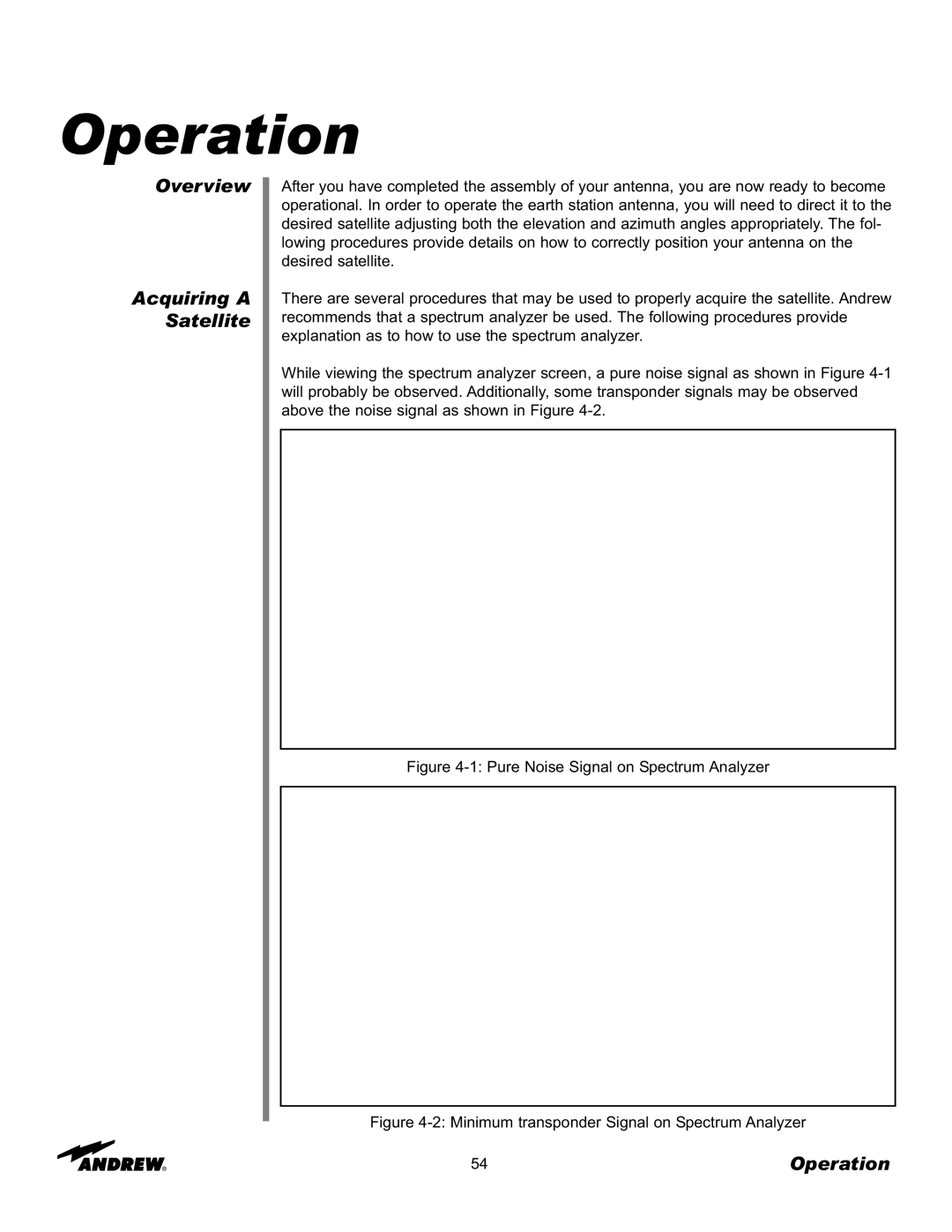 Andrew 7.6-Meter ESA manual Overview Acquiring a Satellite, Operation 