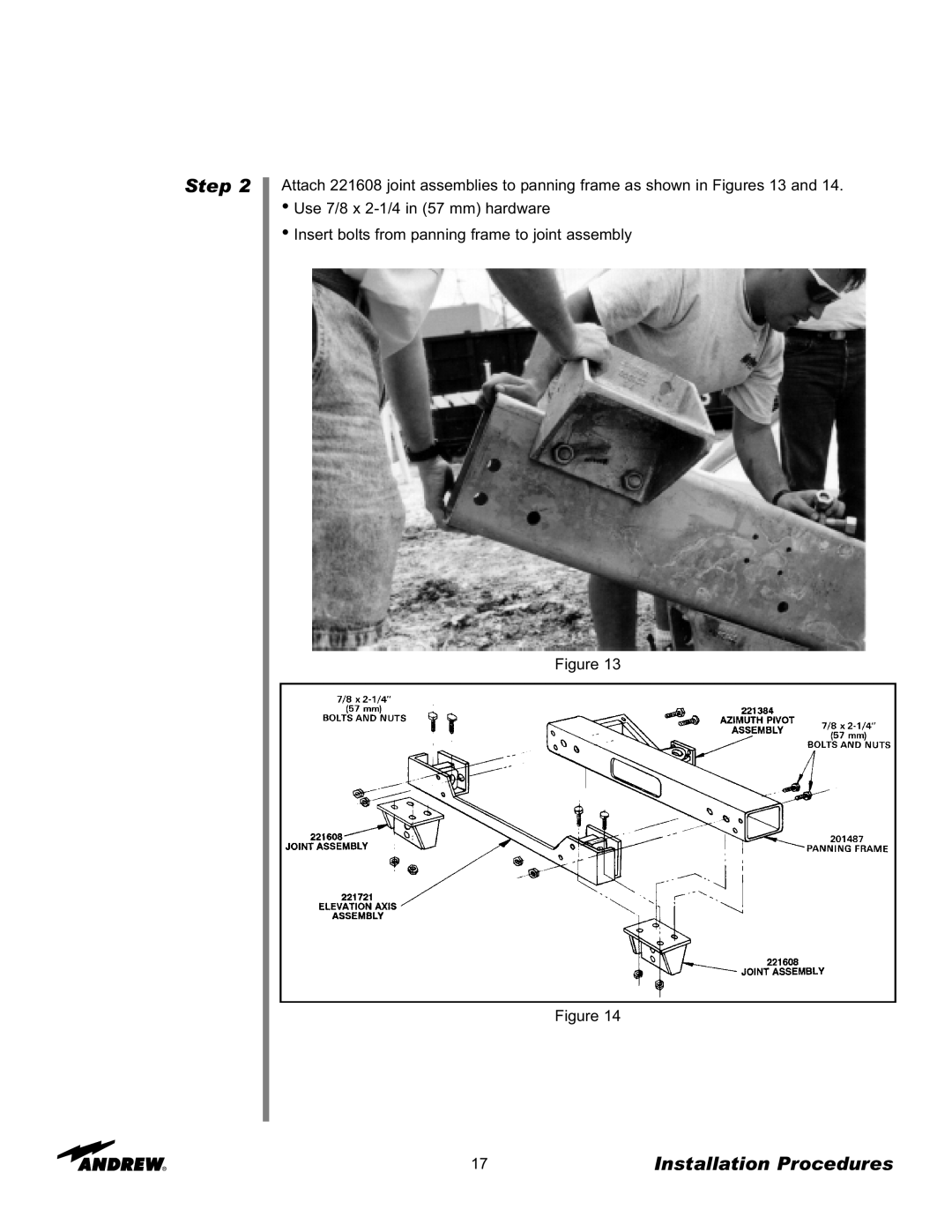 Andrew 7.6-Meter ESA manual Step, Installation Procedures, Use 7/8 x 2-1/4 in 57 mm hardware 