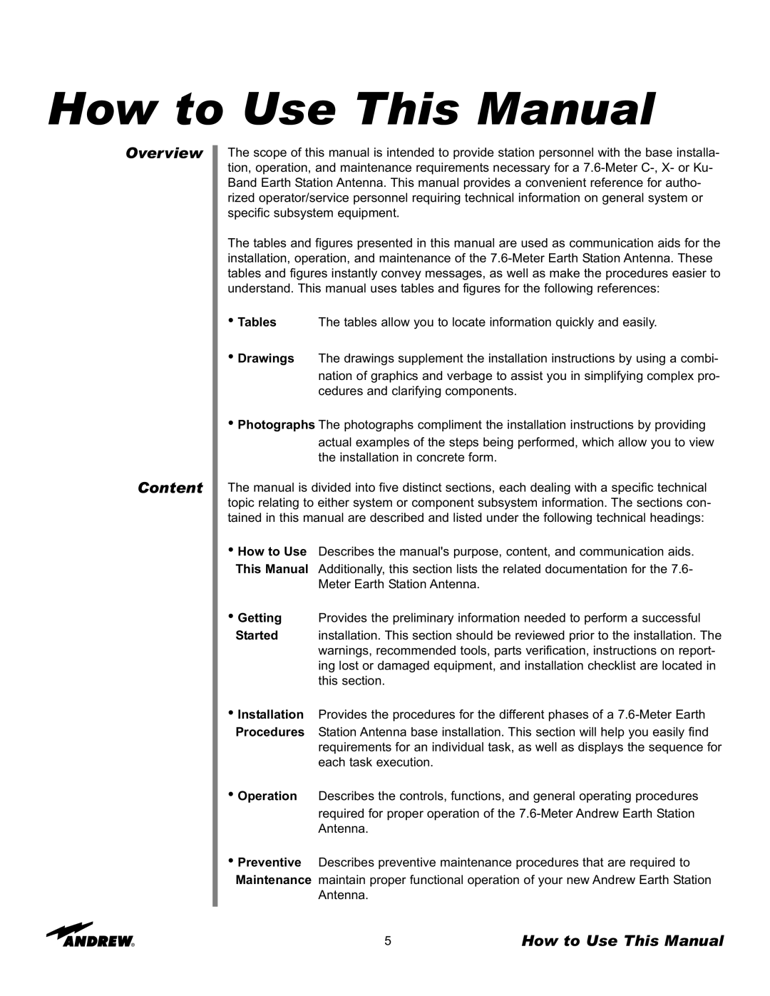 Andrew 7.6-Meter ESA manual How to Use This Manual, Overview Content 