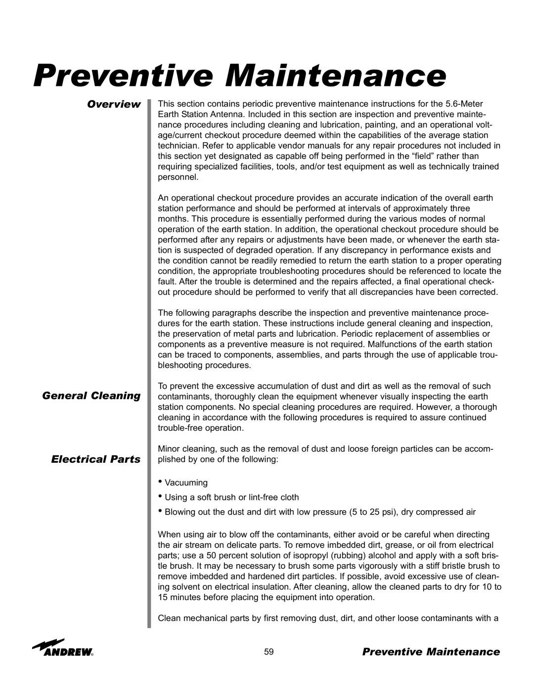 Andrew 7.6-Meter ESA manual Preventive Maintenance, Overview General Cleaning Electrical Parts 