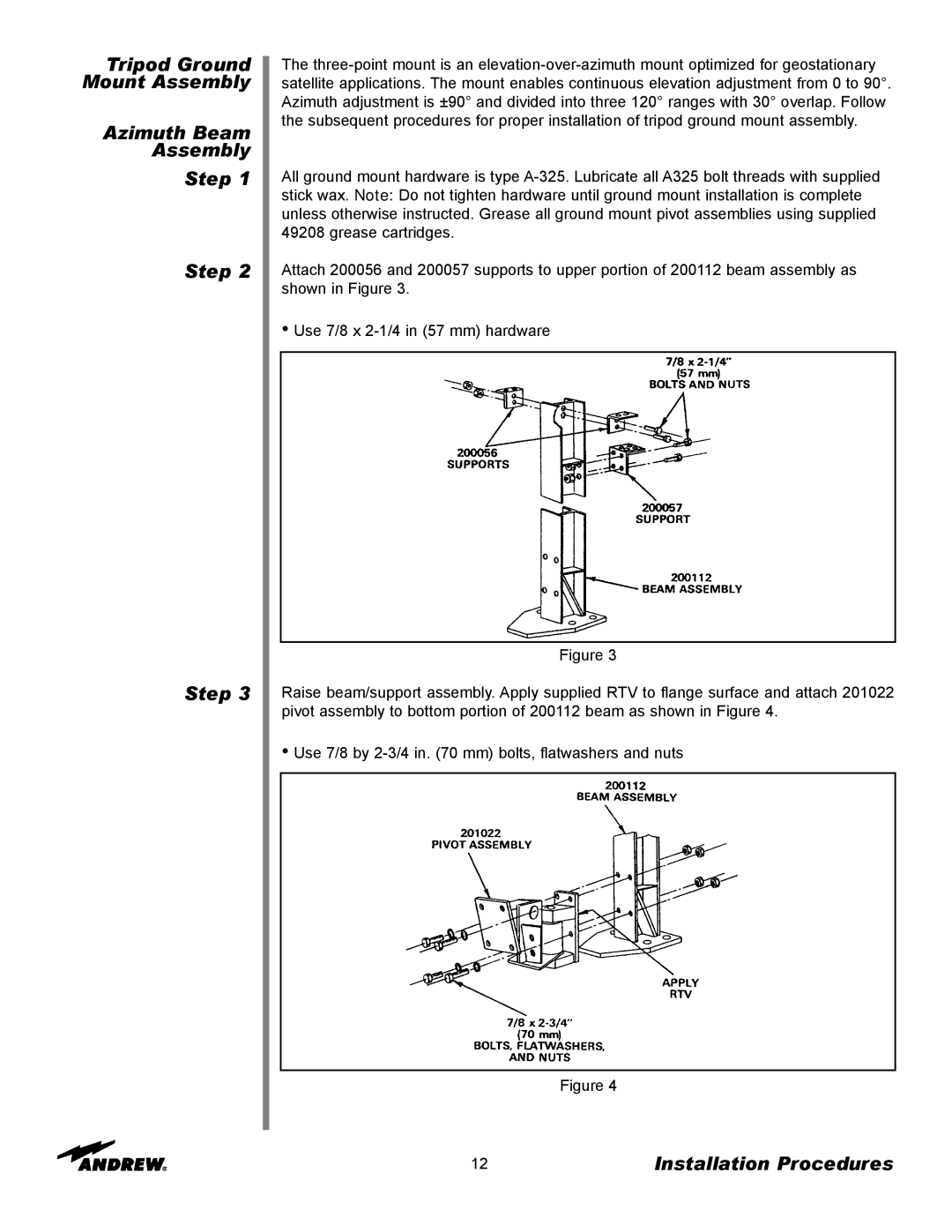 Andrew 9.3-Meter ESA manual Tripod Ground Mount Assembly Azimuth Beam Step 