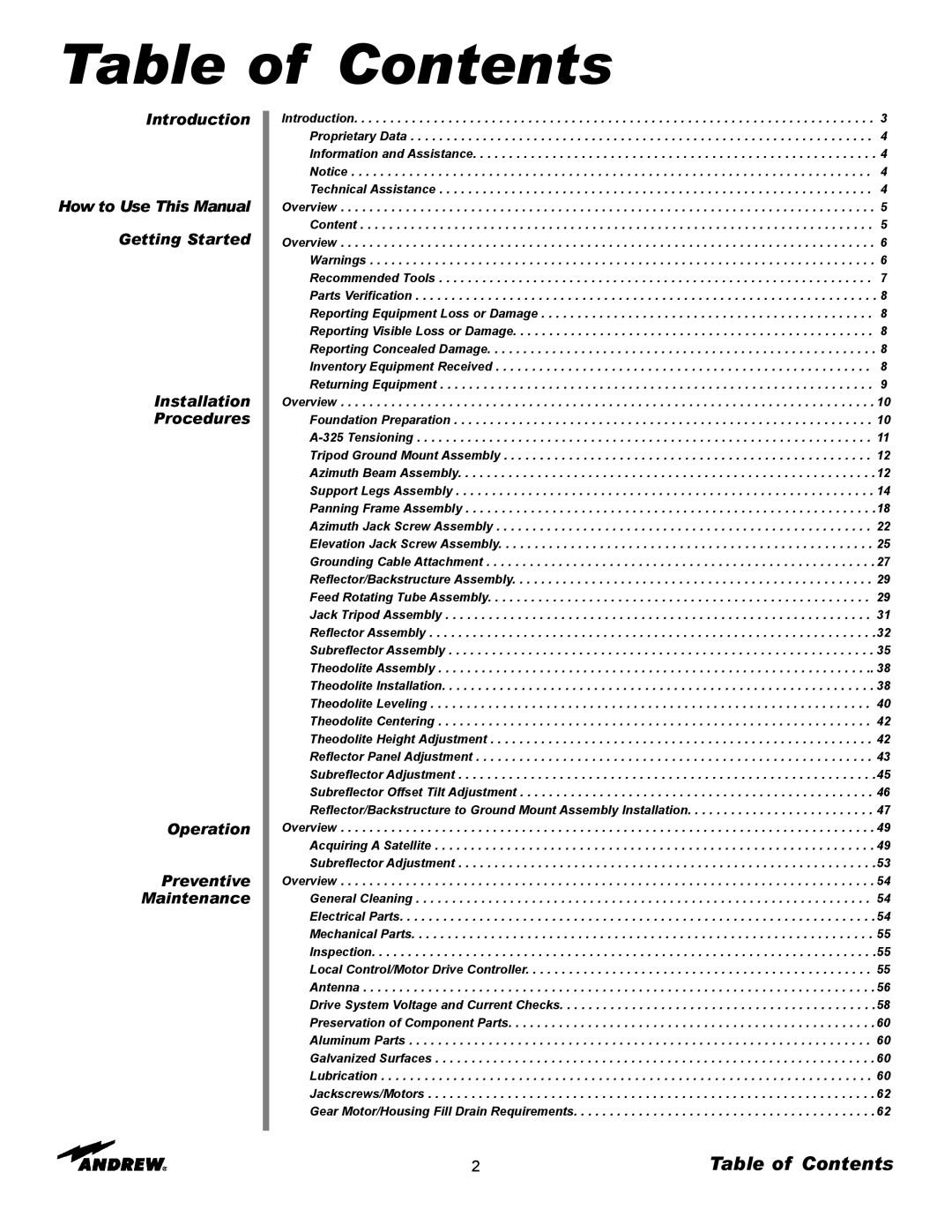 Andrew 9.3-Meter ESA manual Table of Contents 