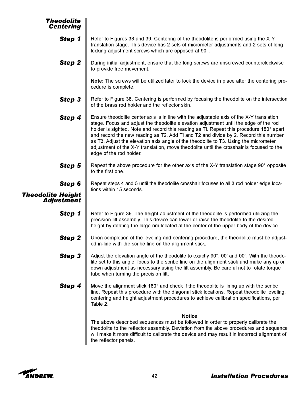 Andrew 9.3-Meter ESA manual Theodolite Centering Step Theodolite Height Adjustment 