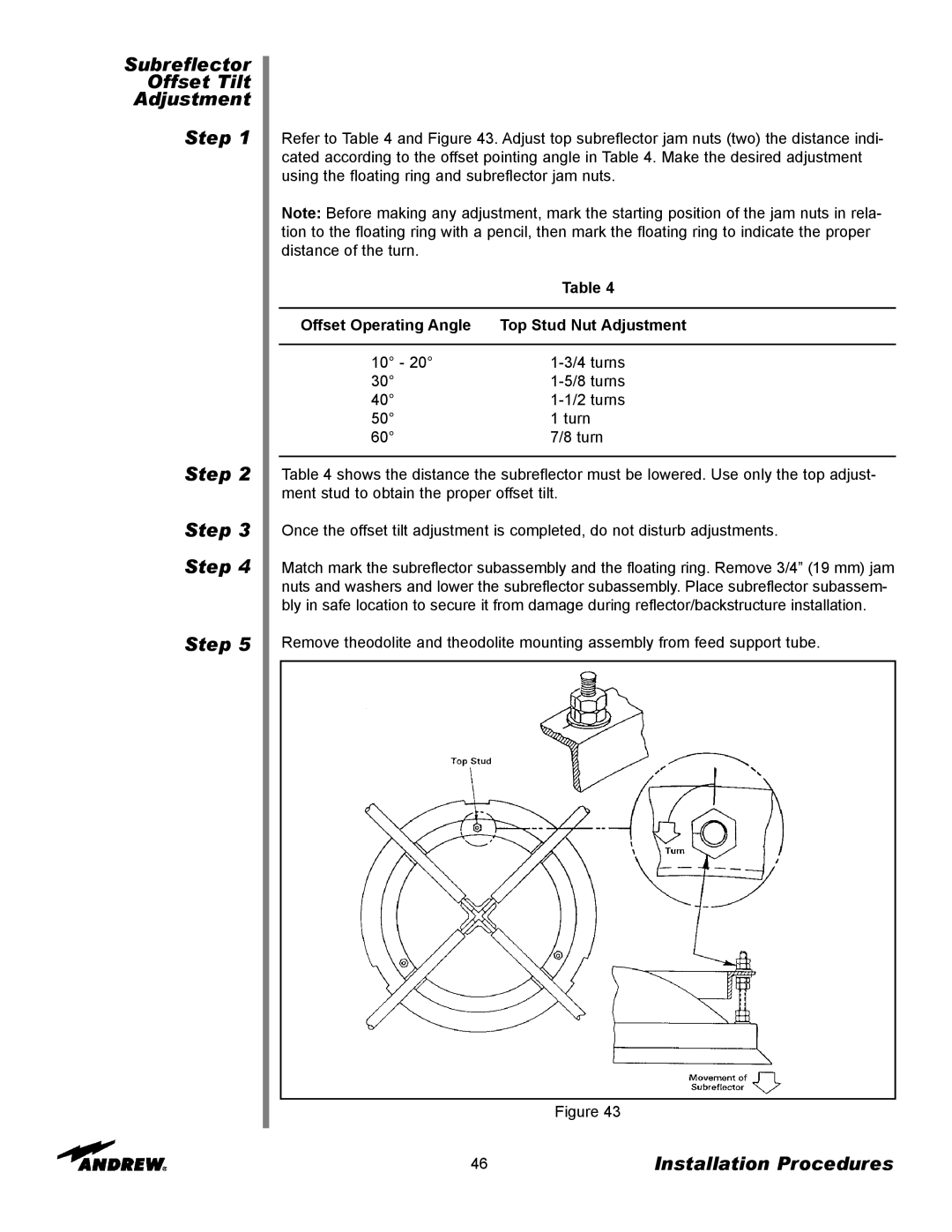 Andrew 9.3-Meter ESA manual Subreflector Offset Tilt Adjustment Step, Offset Operating Angle Top Stud Nut Adjustment 