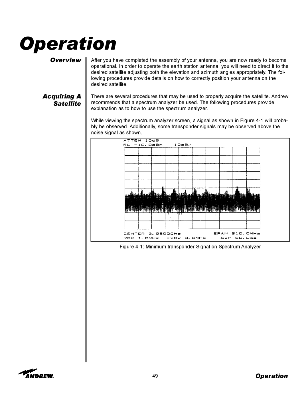 Andrew 9.3-Meter ESA manual Overview Acquiring a Satellite, Operation 