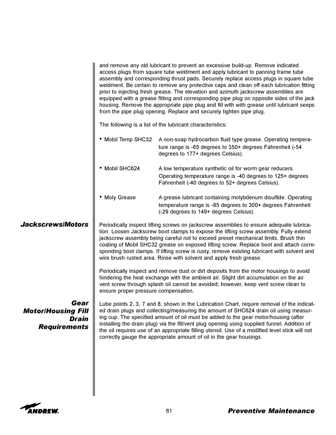 Andrew 9.3-Meter ESA manual Jackscrews/Motors Gear Motor/Housing Fill Drain Requirements 