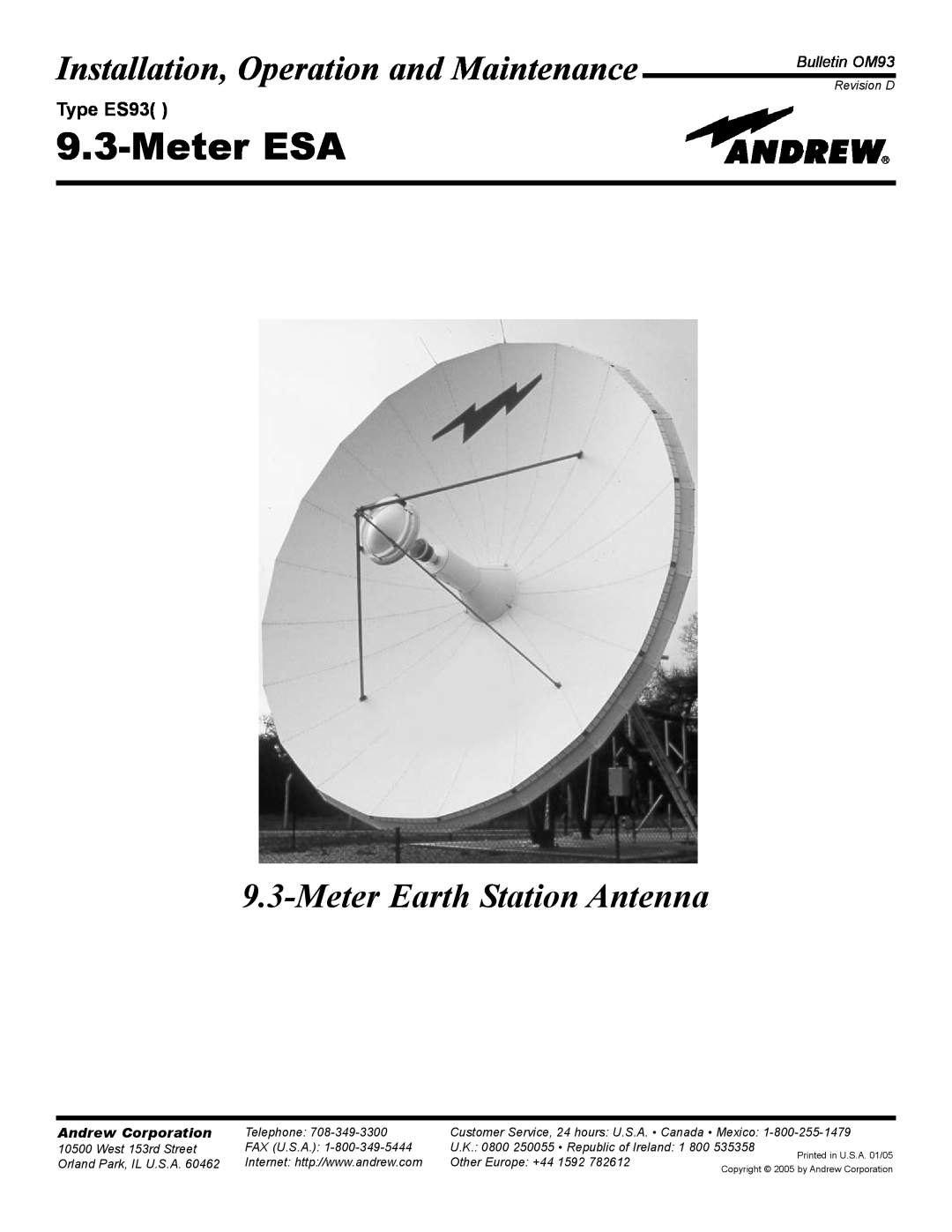 Andrew 9.3-Meter ESA manual Type ES93, MeterESA, Installation, Operation and Maintenance, MeterEarth Station Antenna 